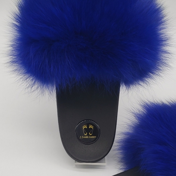 100% Real Royal Blue Fox Fur Slides Women Slippers with Fast shipping - Picture 2 of 4